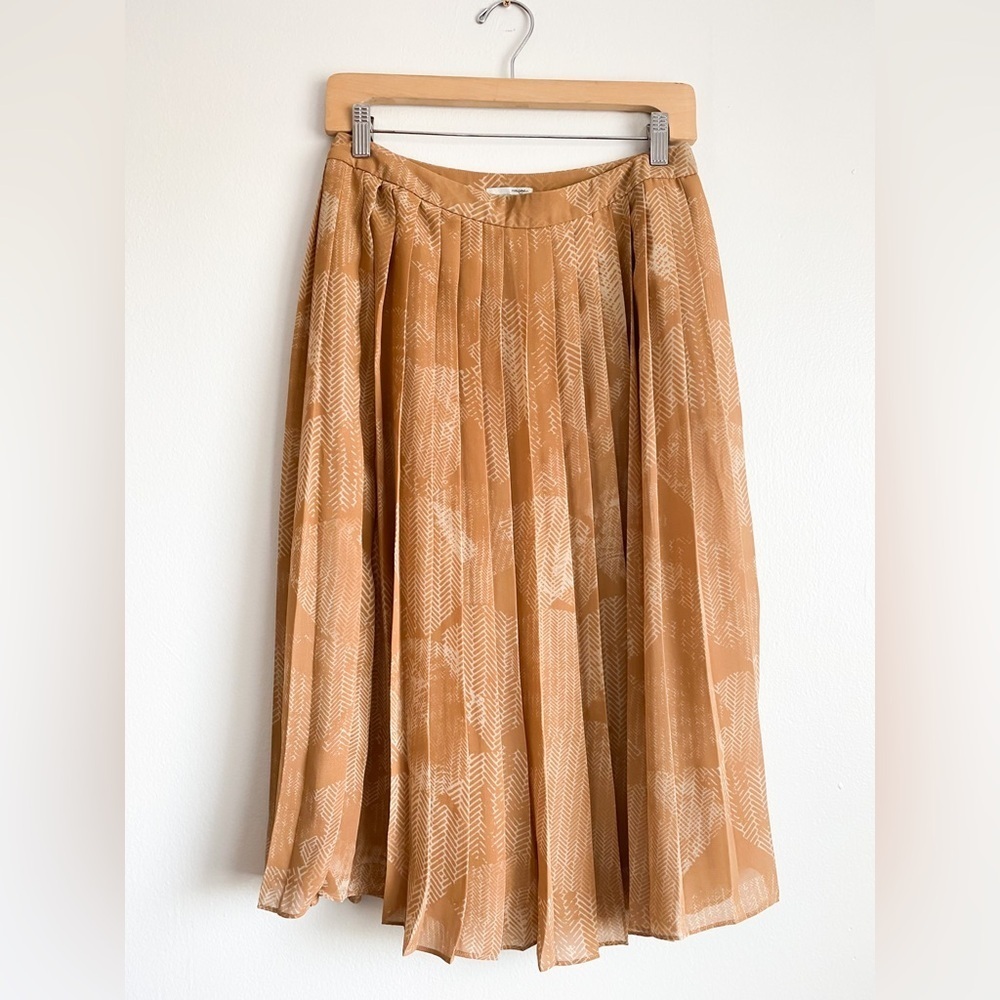 Halogen Midi Printed Tan Pleated Skirt Full Flowy Classy Neutral Formal Casual 2 - Picture 3 of 8